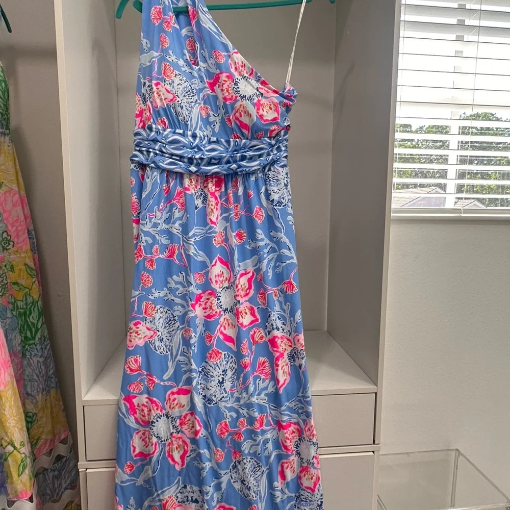 Lilly Pulitzer One-Shoulder Floral Sheath Dress in Turquoise and Pink - Picture 3 of 7